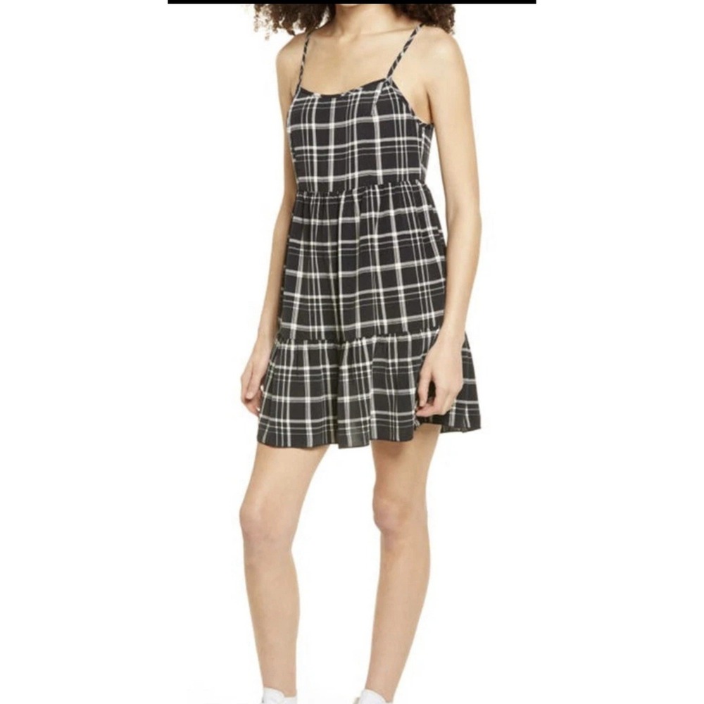 NWT La La Land Creative Co Plaid Dress Women S Black Ivory Tiered Mini Babydoll
